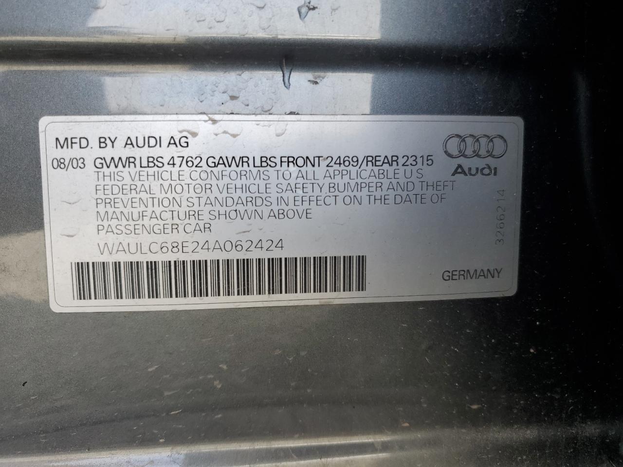 2004 Audi A4 VIN WAULC68E24A062424 Copart auction photo, front end damage thumbnail 14