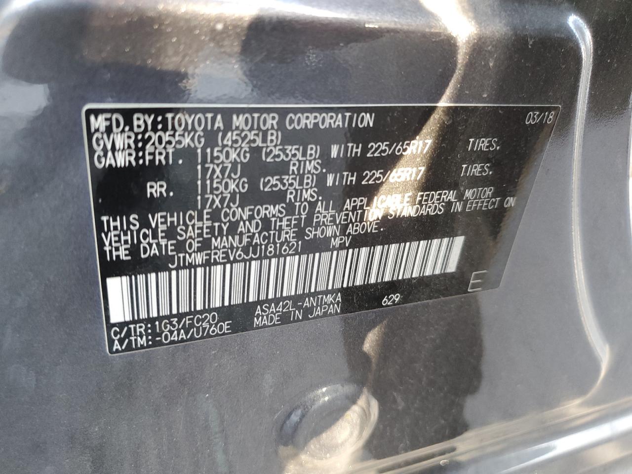2018 Toyota RAV 4 VIN JTMWFREV6JJ181621 Copart auction photo, side / rear end damage thumbnail 14