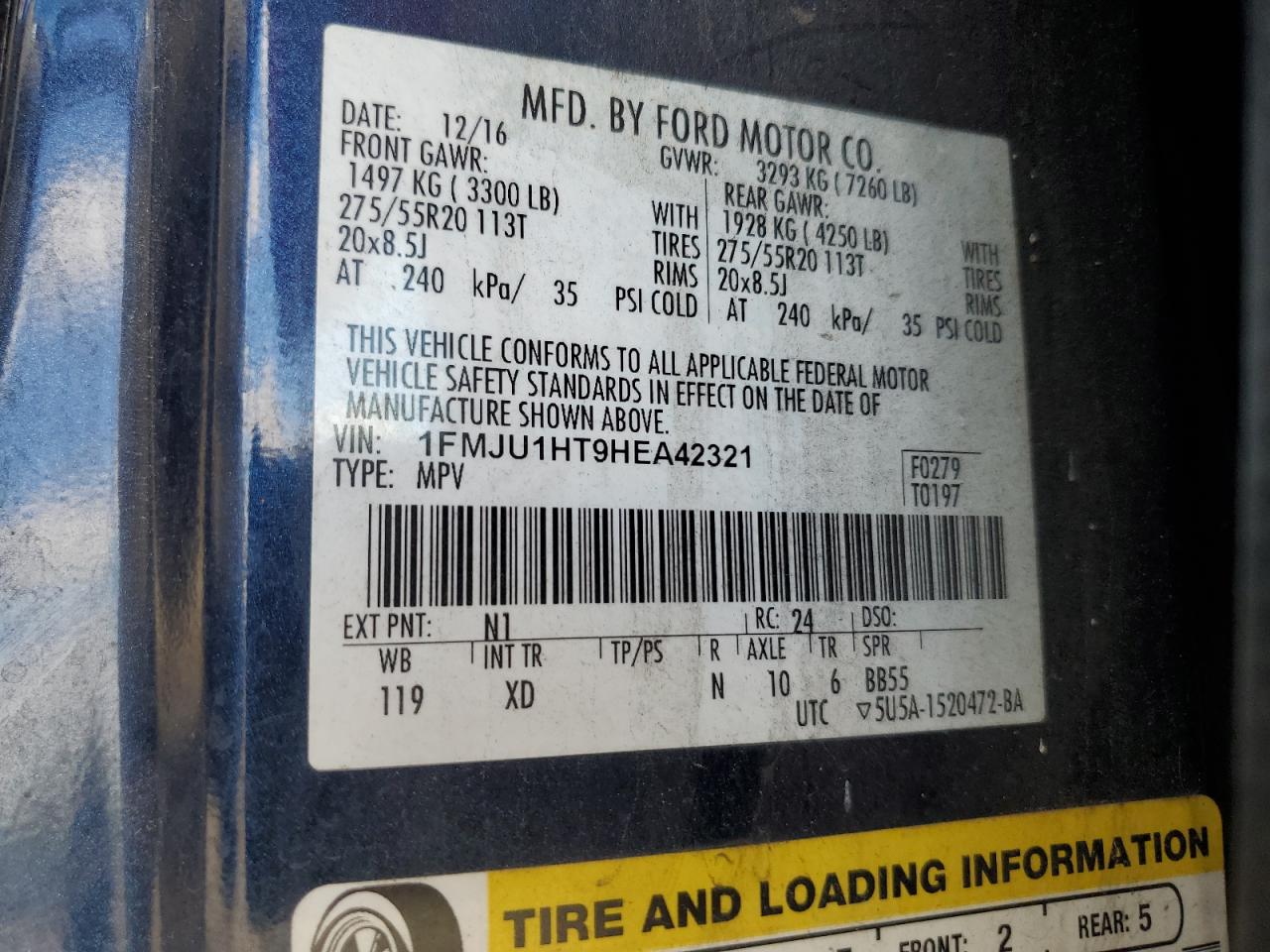 2017 Ford Expedition VIN 1FMJU1HT9HEA42321 Copart auction photo, front end damage thumbnail 13