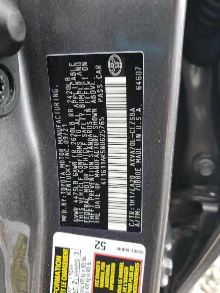 2022 Toyota Camry VIN 4T1G11AK5NU625765 Copart auction photo, all over / rollover damage thumbnail 12