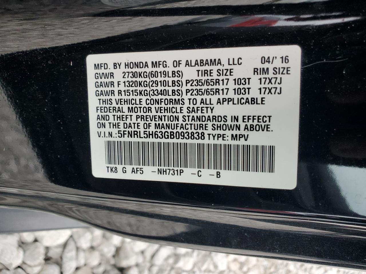2016 Honda Odyssey VIN 5FNRL5H63GB093838 Copart auction photo, front end damage thumbnail 13