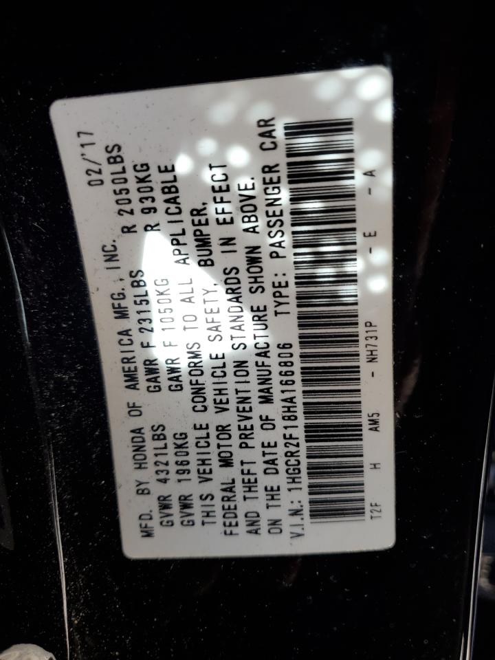 2017 Honda Accord VIN 1HGCR2F18HA166806 Copart auction photo, rear end damage thumbnail 12