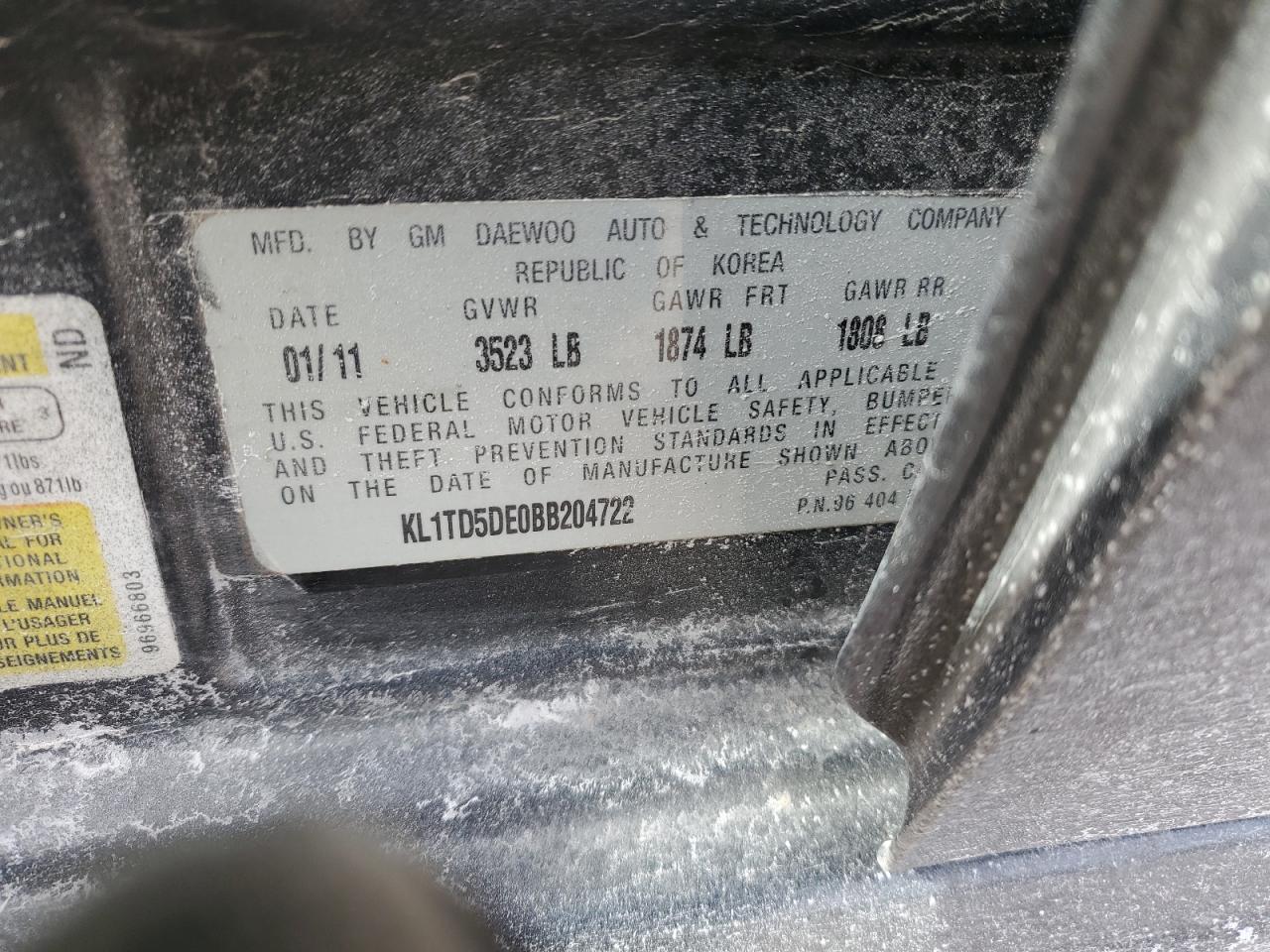 2011 Chevrolet Aveo VIN KL1TD5DE0BB204722 Copart auction photo, front end damage thumbnail 14