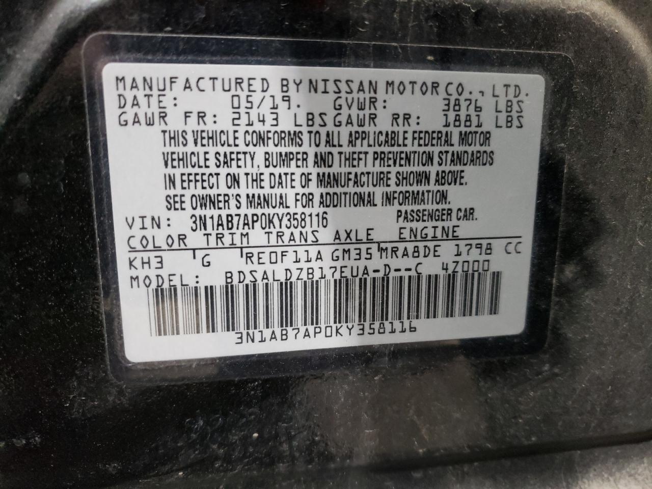 2019 Nissan Sentra VIN 3N1AB7AP0KY358116 Copart auction photo, front end / minor dent/scratches damage thumbnail 13