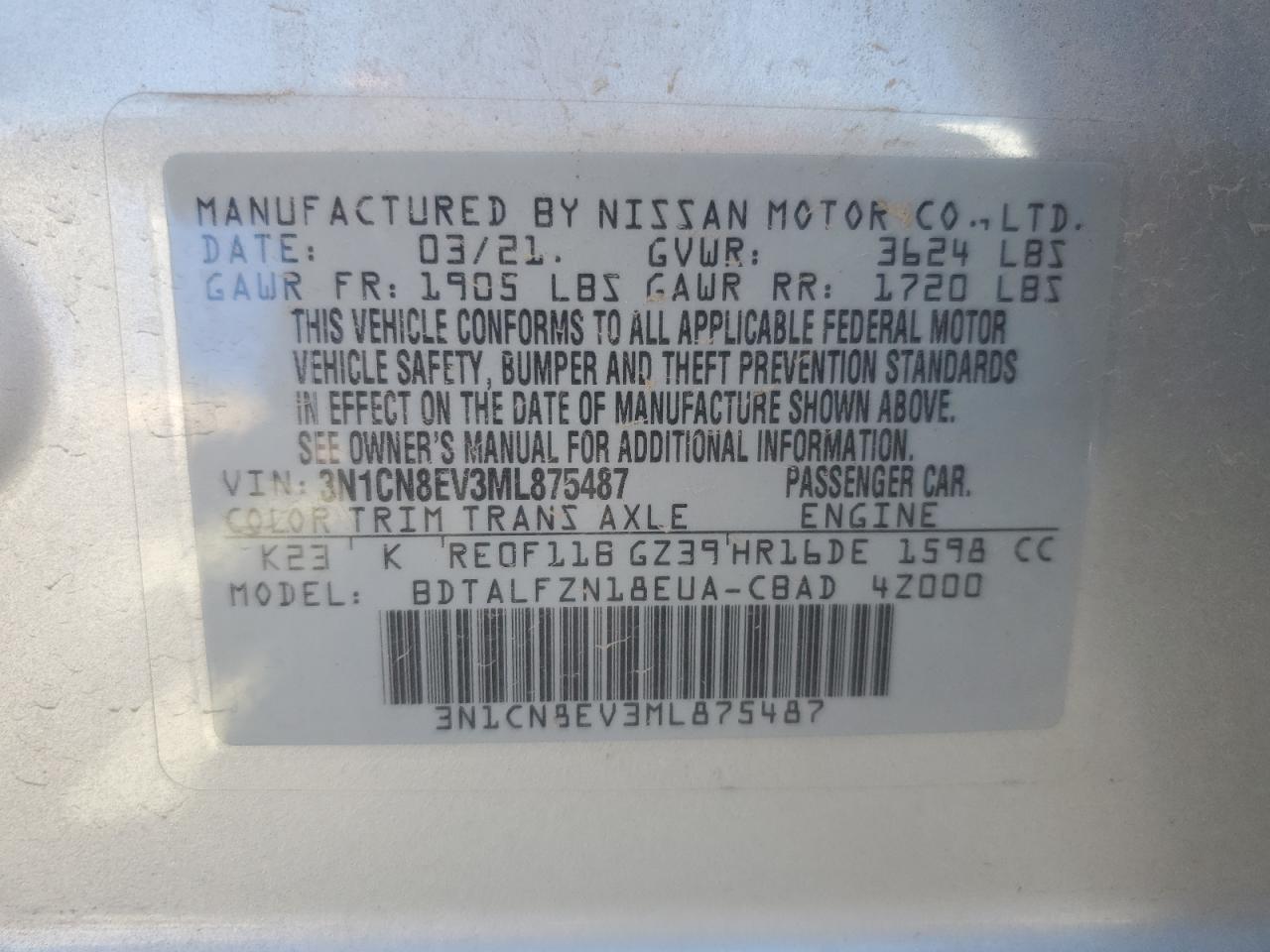 2021 Nissan Versa VIN 3N1CN8EV3ML875487 Copart auction photo, side damage thumbnail 12