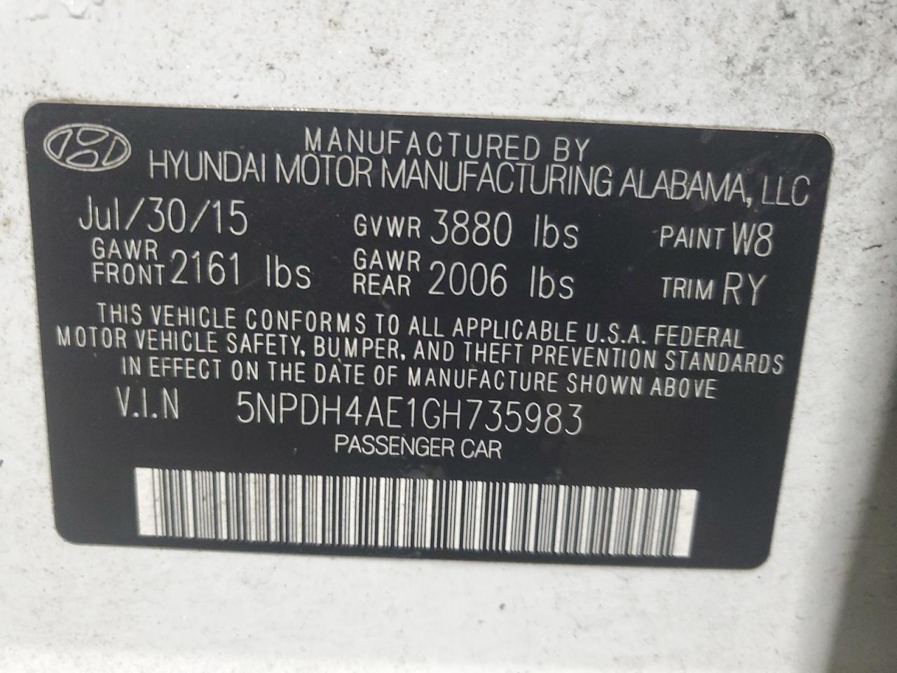 2016 Hyundai Elantra VIN 5NPDH4AE1GH735983 Copart auction photo, front end damage thumbnail 13