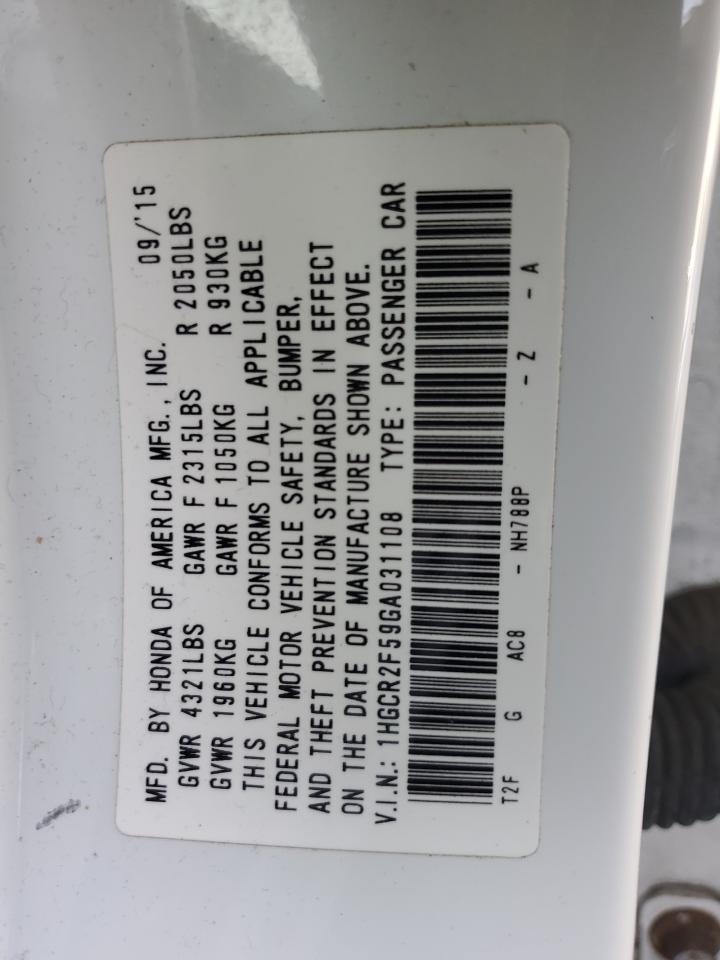 2016 Honda Accord VIN 1HGCR2F59GA031108 Copart auction photo, rear end damage thumbnail 12