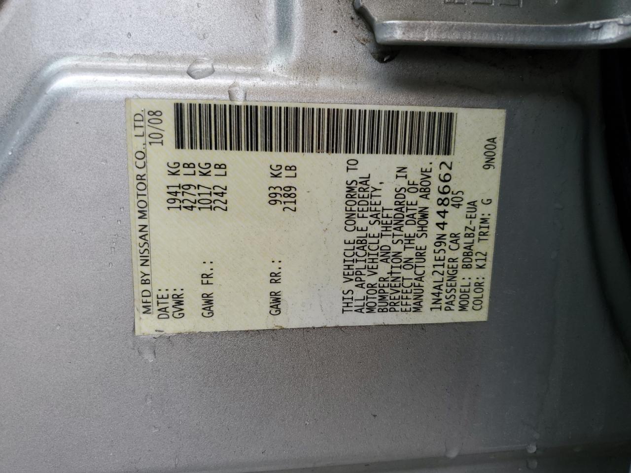 2009 Nissan Altima VIN 1N4AL21E59N448662 Copart auction photo, front end / rear end damage thumbnail 14