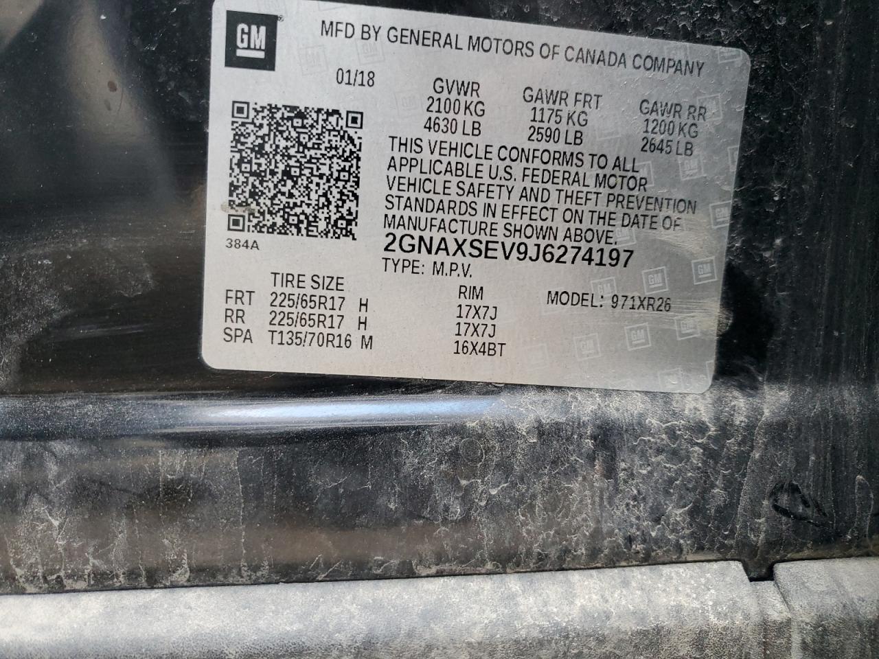 2018 Chevrolet Equinox VIN 2GNAXSEV9J6274197 Copart auction photo, front end damage thumbnail 12