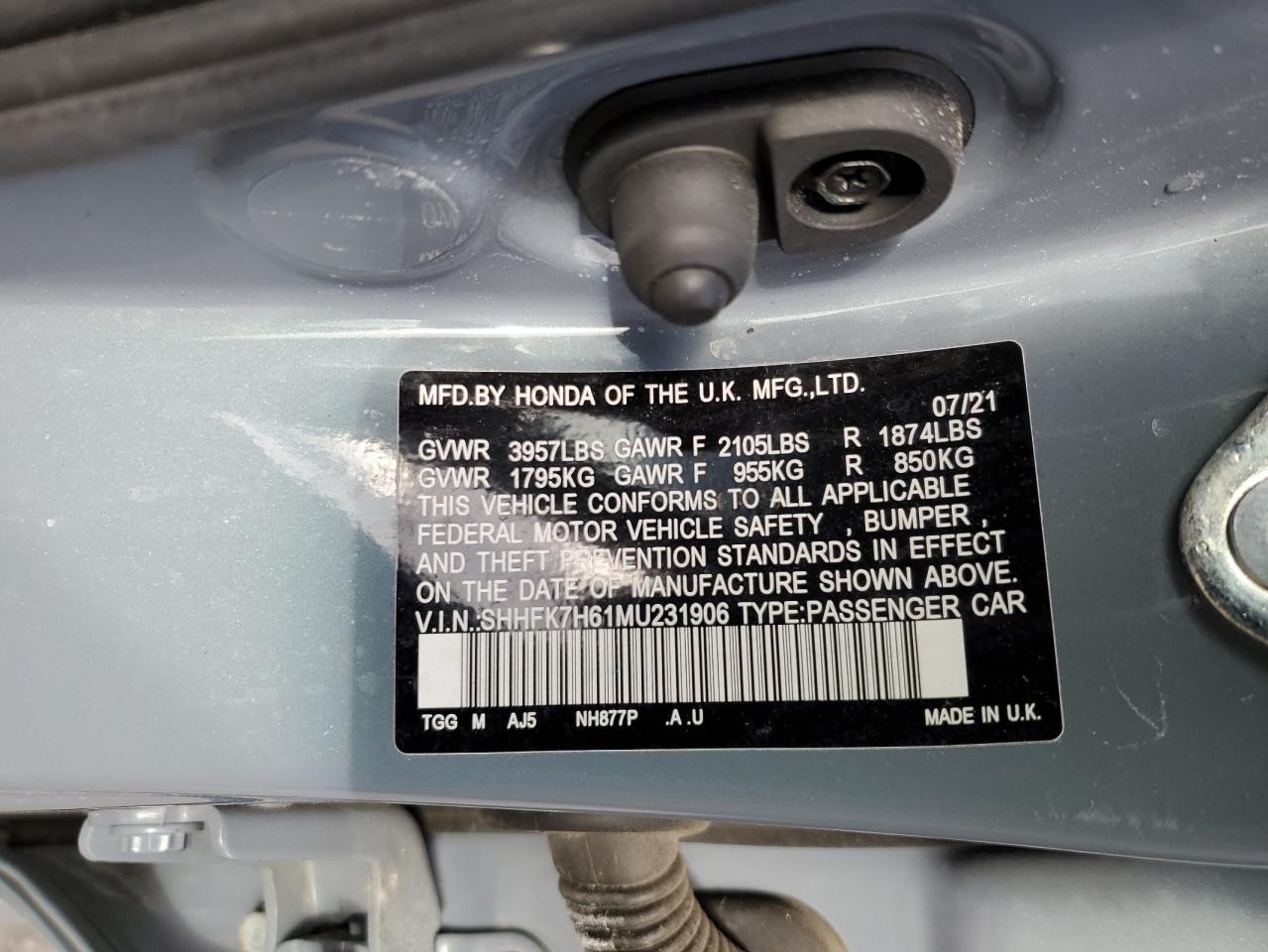 2021 Honda Civic VIN SHHFK7H61MU231906 Copart auction photo, front end damage thumbnail 12