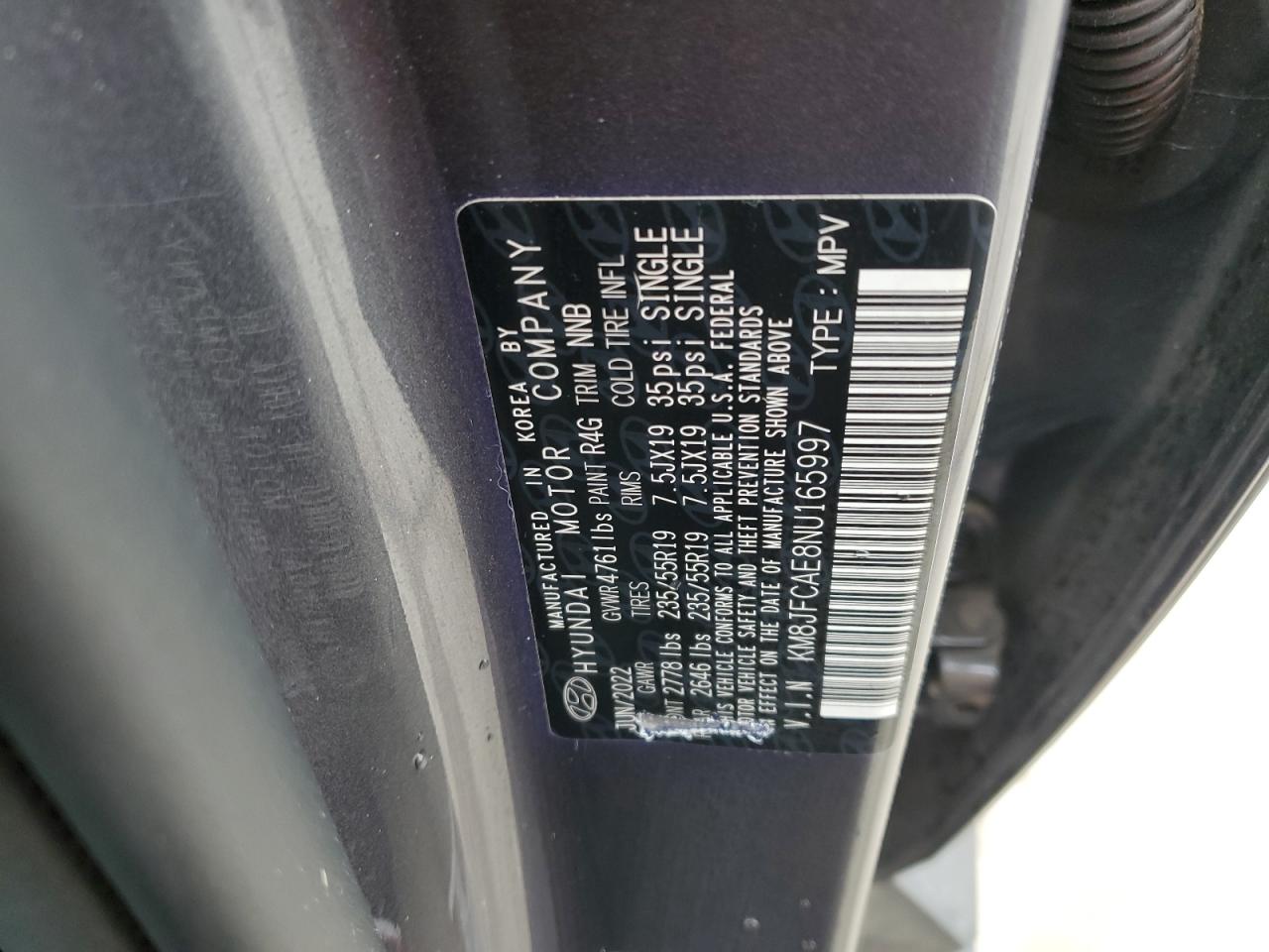 2022 Hyundai Tucson VIN KM8JFCAE8NU165997 Copart auction photo, front end / rear end damage thumbnail 13