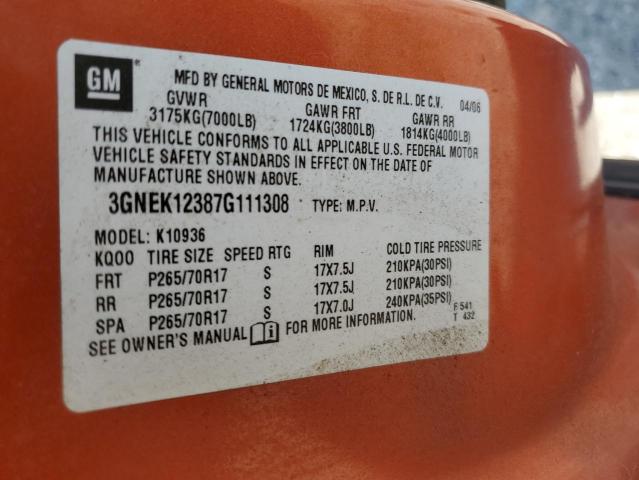 2007 Chevrolet Avalanche VIN 3GNEK12387G111308 Copart auction photo, front end damage thumbnail 12
