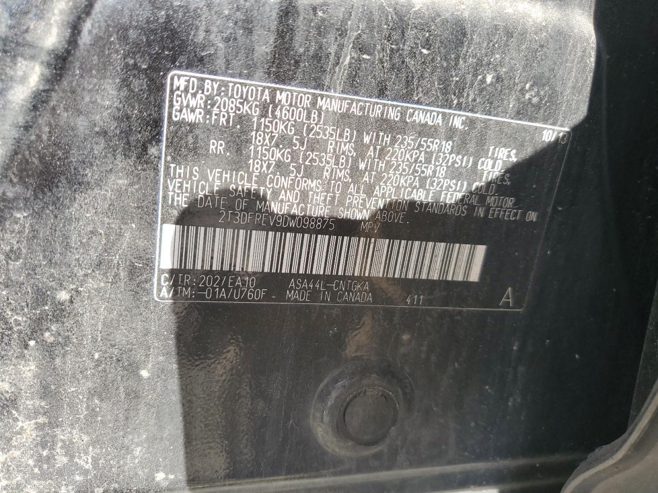 2013 Toyota RAV 4 VIN 2T3DFREV9DW098875 Copart auction photo, rear end / side damage thumbnail 15