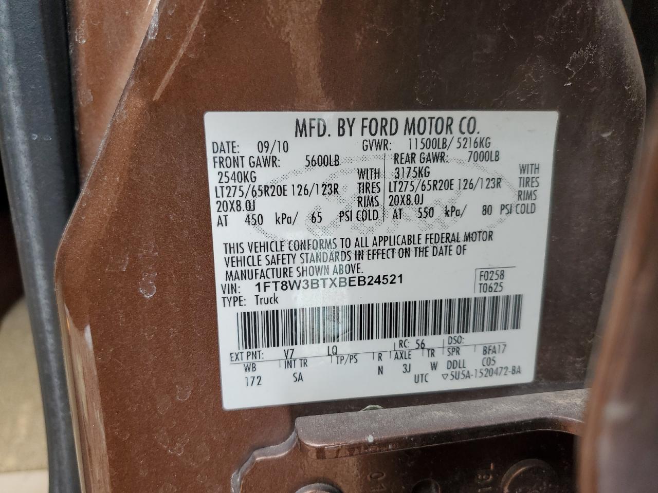 2011 Ford F350 VIN 1FT8W3BTXBEB24521 Copart auction photo, front end / rear end damage thumbnail 13