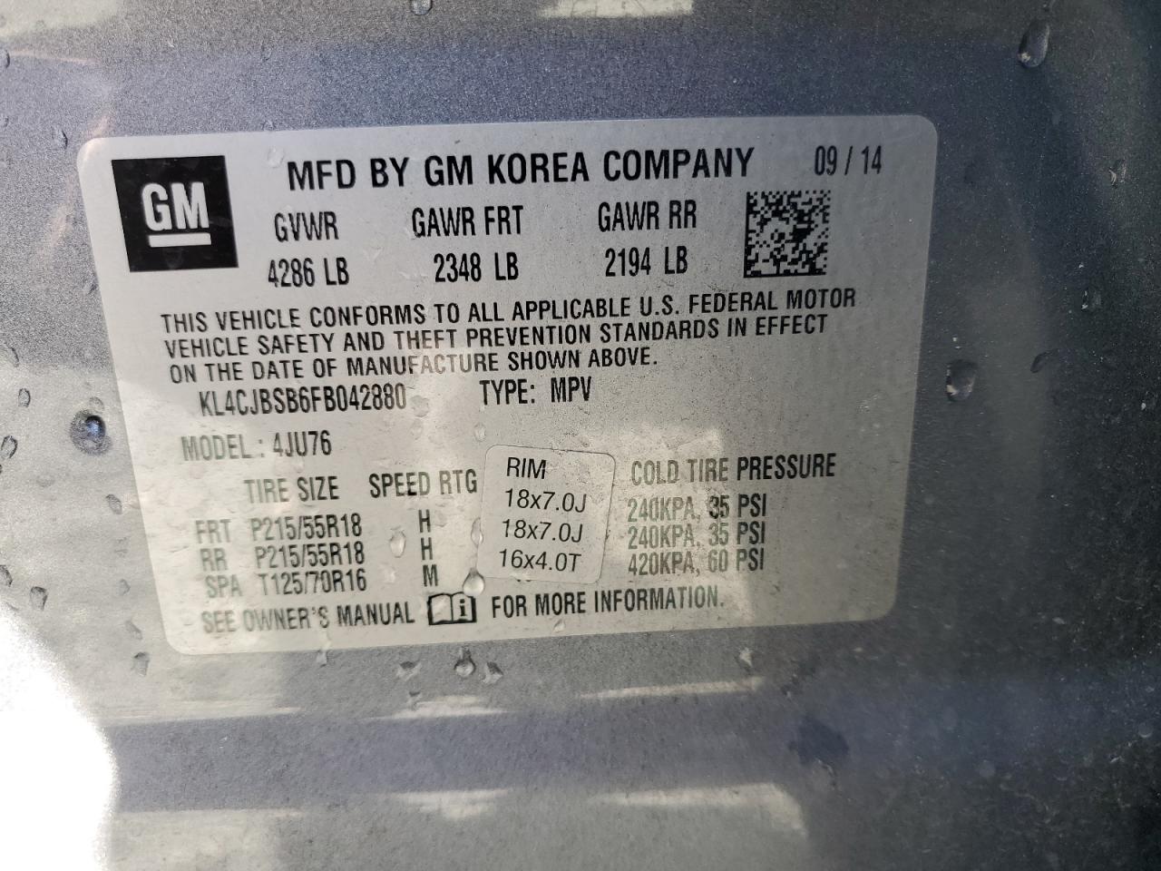 2015 Buick Encore VIN KL4CJBSB6FB042880 Copart auction photo, front end damage thumbnail 13