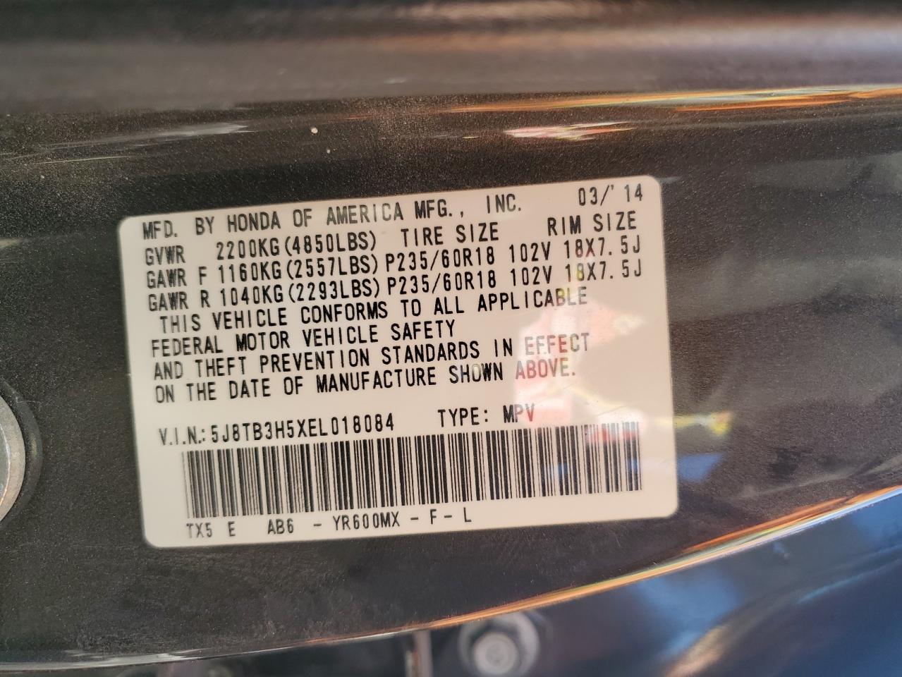 2014 Acura RDX VIN 5J8TB3H5XEL018084 Copart auction photo, side damage thumbnail 12