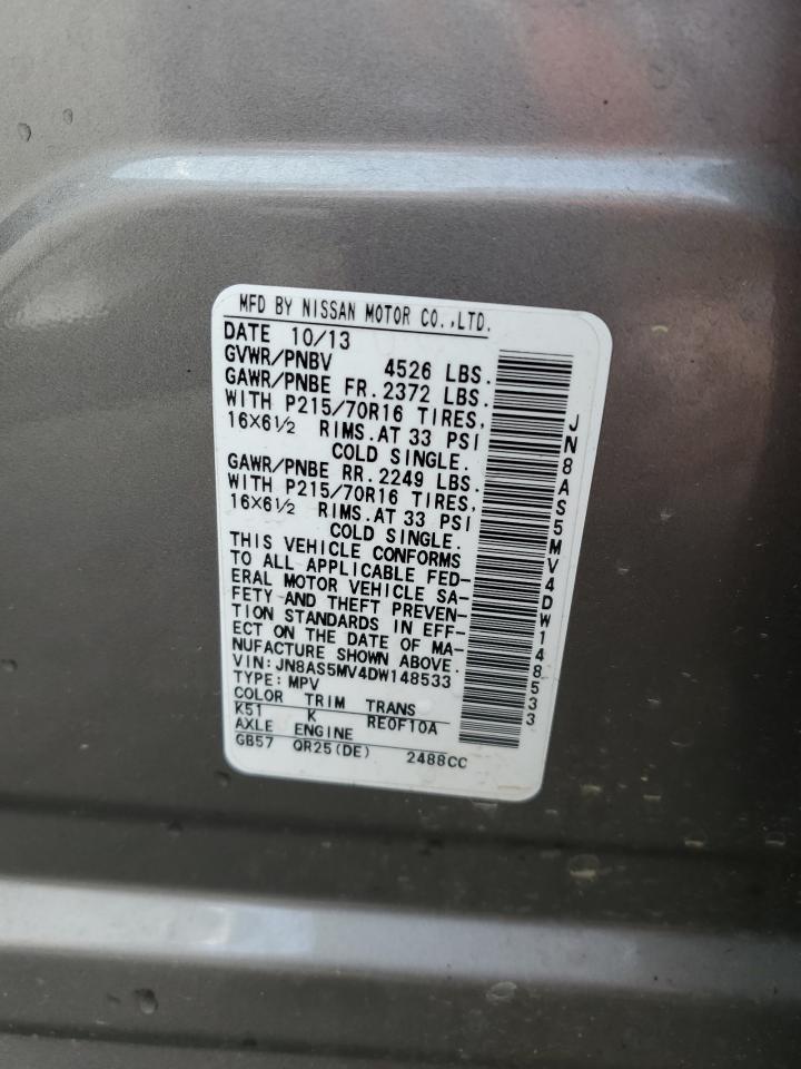 2013 Nissan Rogue VIN JN8AS5MV4DW148533 Copart auction photo, front end / side damage thumbnail 12