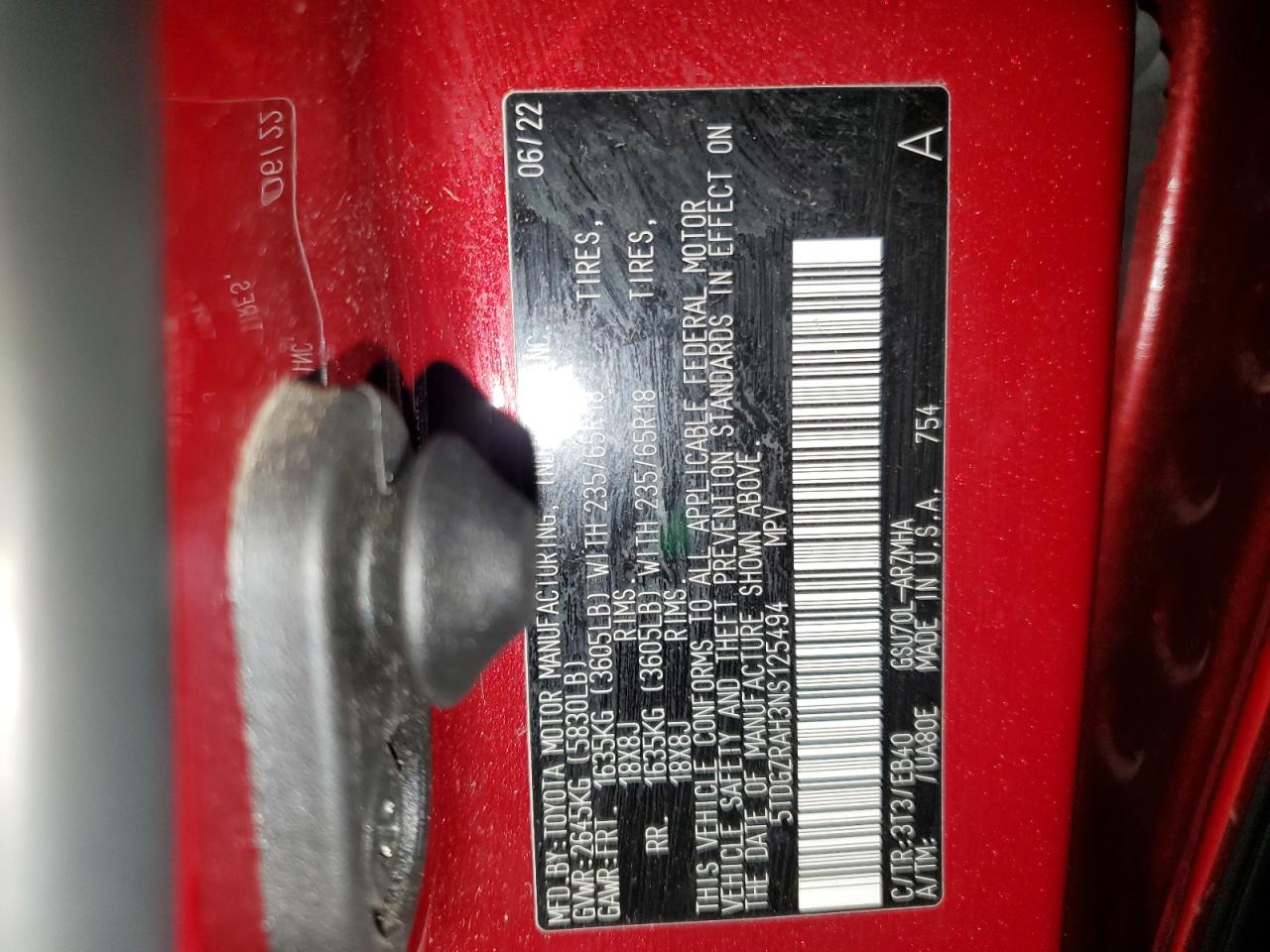 2022 Toyota Highlander VIN 5TDGZRAH3NS125494 Copart auction photo, rear end damage thumbnail 14