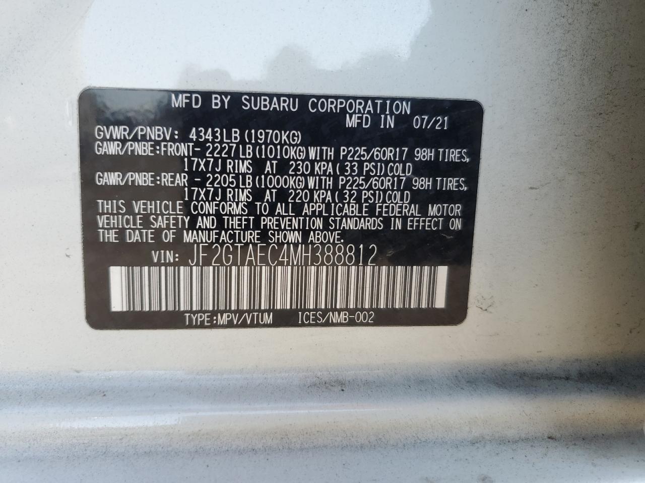 2021 Subaru XV VIN JF2GTAEC4MH388812 Copart auction photo, front end damage thumbnail 14