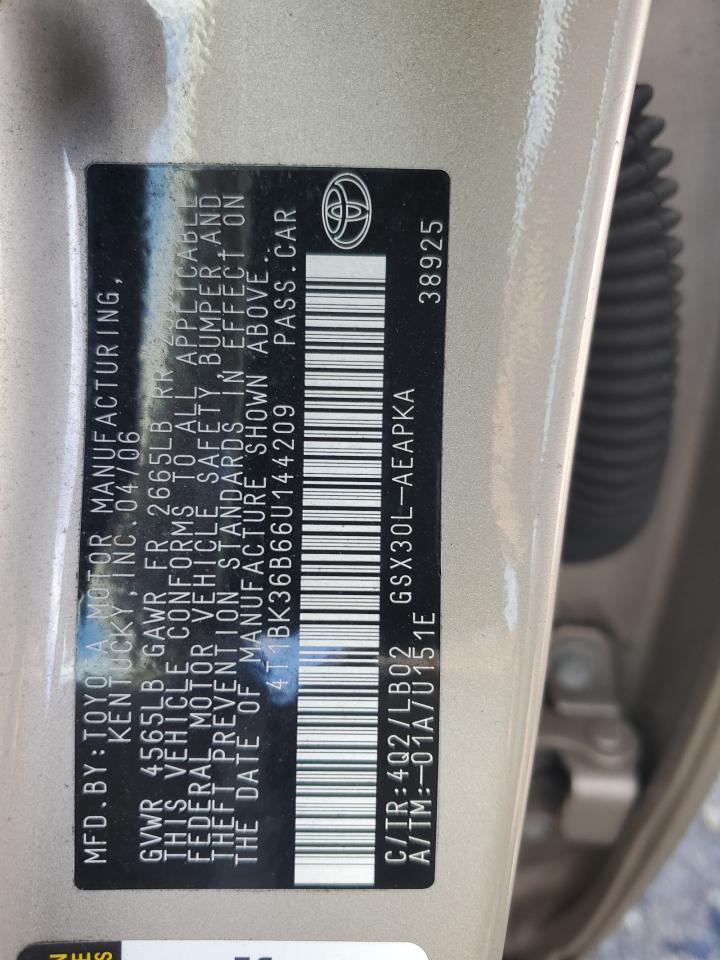 2006 Toyota Avalon VIN 4T1BK36B66U144209 Copart auction photo, rear end damage thumbnail 12