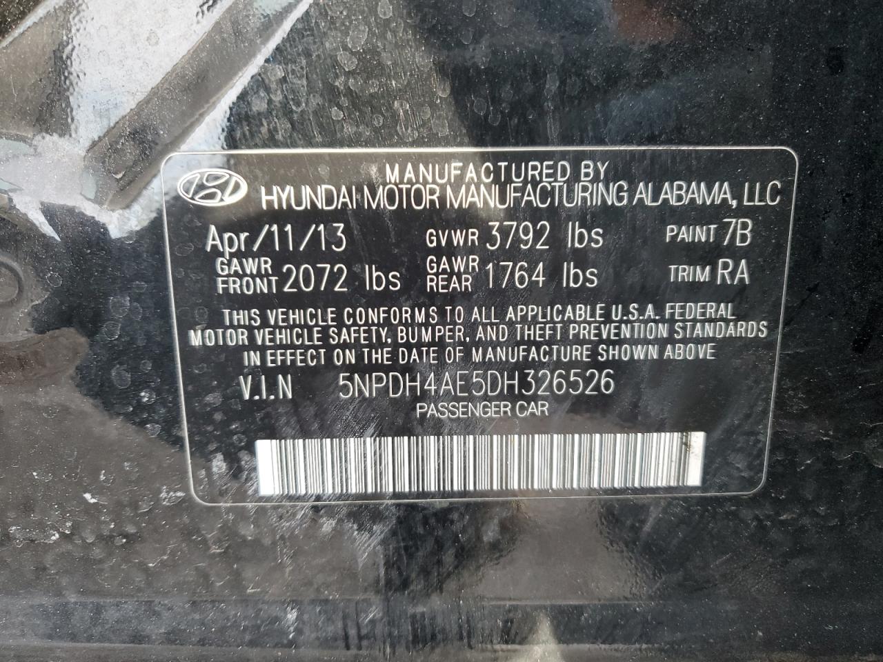 2013 Hyundai Elantra VIN 5NPDH4AE5DH326526 Copart auction photo, side damage thumbnail 12