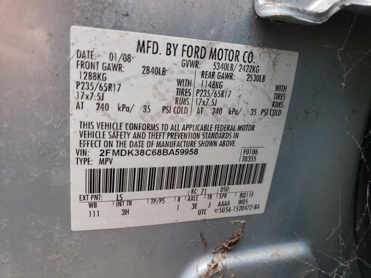 2008 Ford Edge VIN 2FMDK38C68BA59958 Copart auction photo, front end damage thumbnail 13