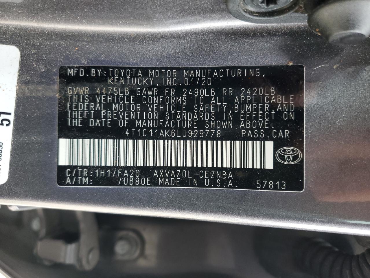 2020 Toyota Camry VIN 4T1C11AK6LU929778 Copart auction photo, all over damage thumbnail 15