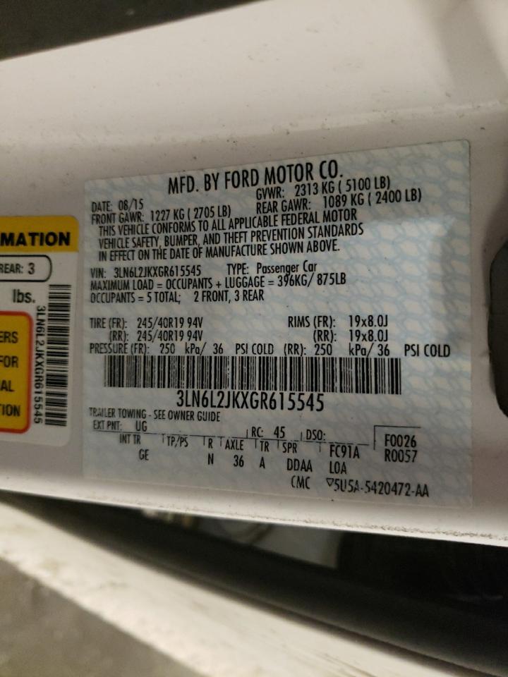 2016 Lincoln MKZ VIN 3LN6L2JKXGR615545 Copart auction photo, front end / side damage thumbnail 12