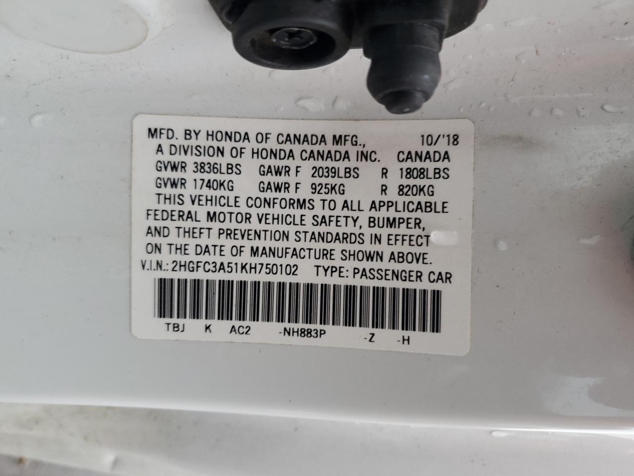 2019 Honda Civic VIN 2HGFC3A51KH750102 Copart auction photo, front end damage thumbnail 13