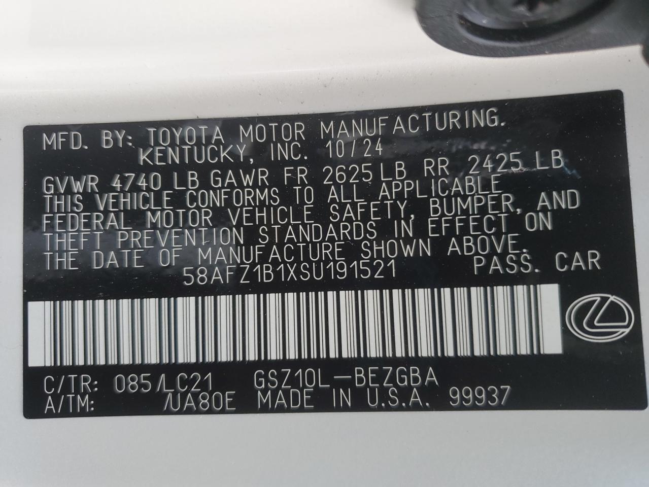 2025 Lexus ES VIN 58AFZ1B1XSU191521 Copart auction photo, front end / rear end damage thumbnail 13