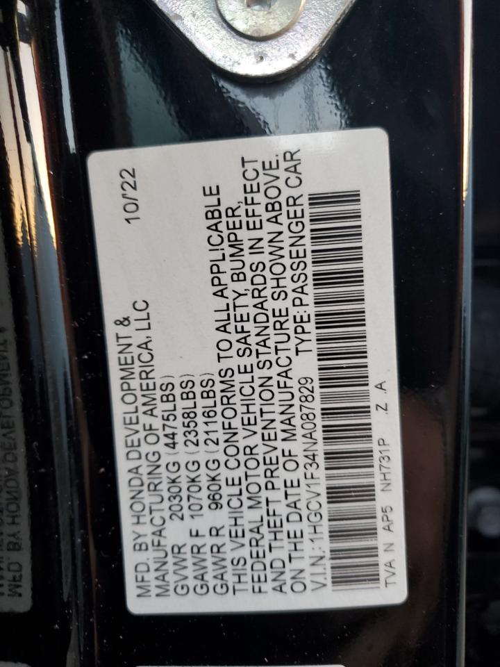 2022 Honda Accord VIN 1HGCV1F34NA087829 Copart auction photo, water/flood damage thumbnail 13