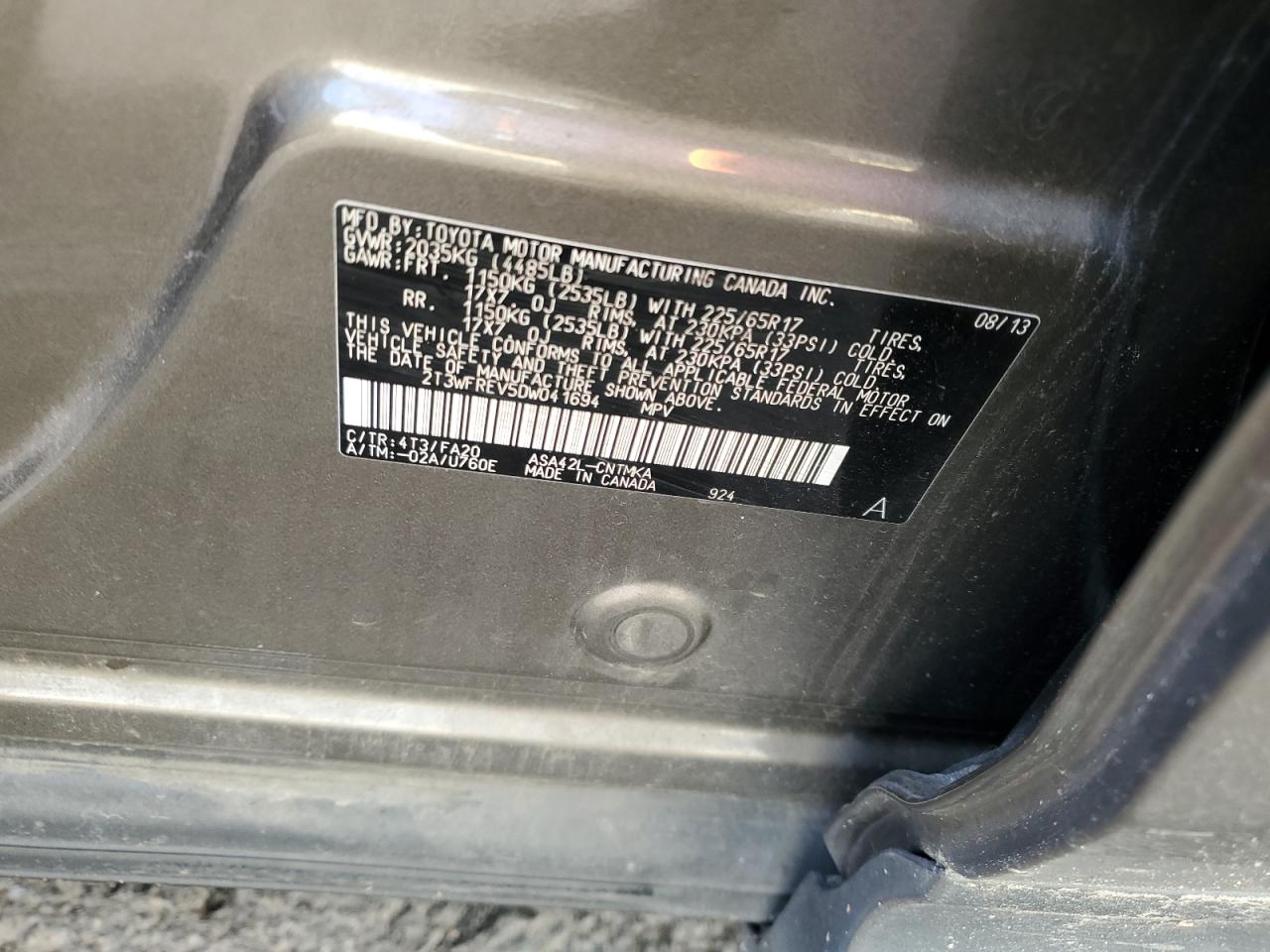 2013 Toyota RAV 4 VIN 2T3WFREV5DW041694 Copart auction photo, side / rear end damage thumbnail 14