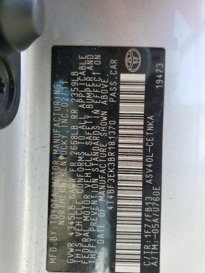 2011 Toyota Camry VIN 4T4BF3EK3BR181370 Copart auction photo, side / front end damage thumbnail 12