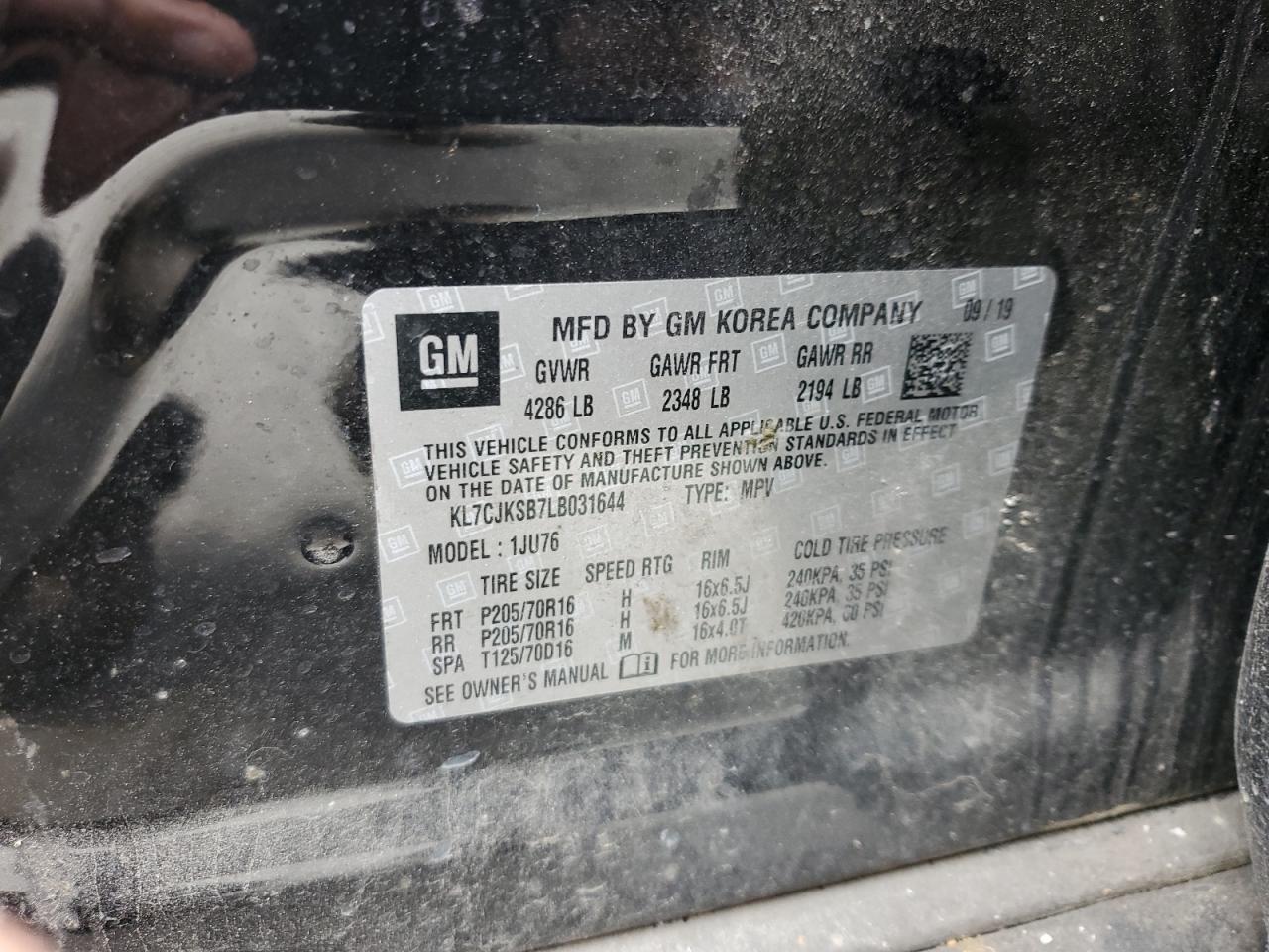 2020 Chevrolet Trax VIN KL7CJKSB7LB031644 Copart auction photo, front end damage thumbnail 15