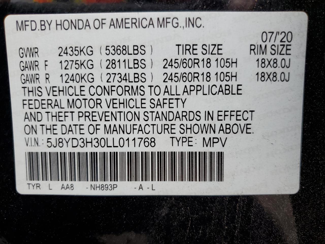 2020 Acura MDX VIN 5J8YD3H30LL011768 Copart auction photo, all over damage thumbnail 14