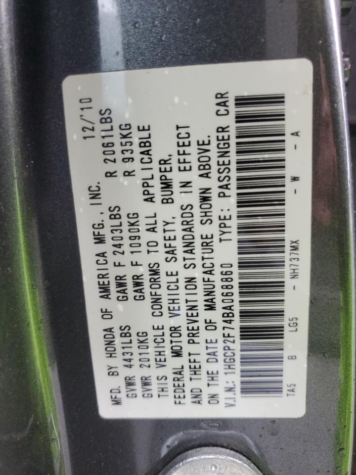2011 Honda Accord VIN 1HGCP2F74BA068860 Copart auction photo, rear end damage thumbnail 12