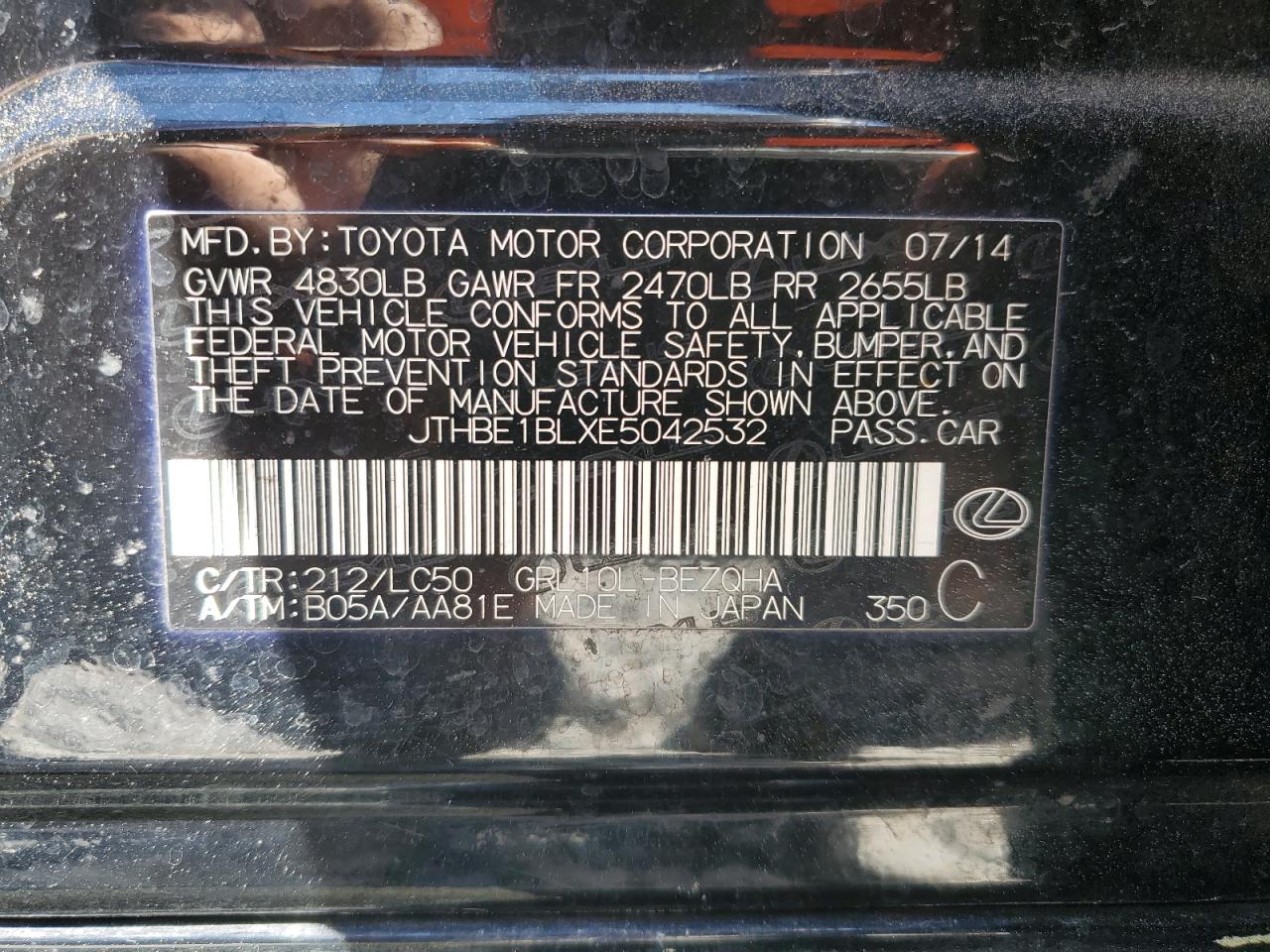 2014 Lexus GS VIN JTHBE1BLXE5042532 Copart auction photo, front end / side damage thumbnail 15