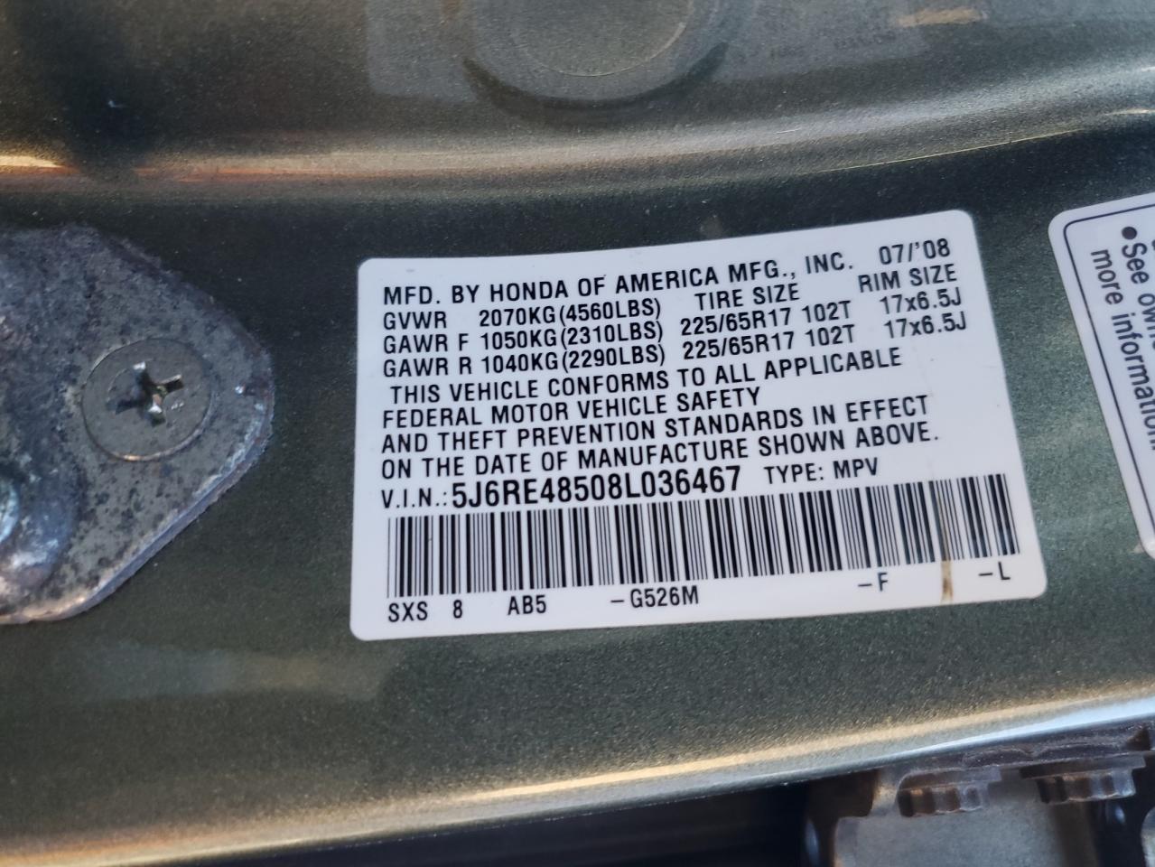 2008 Honda CR-V VIN 5J6RE48508L036467 Copart auction photo, front end / side damage thumbnail 14