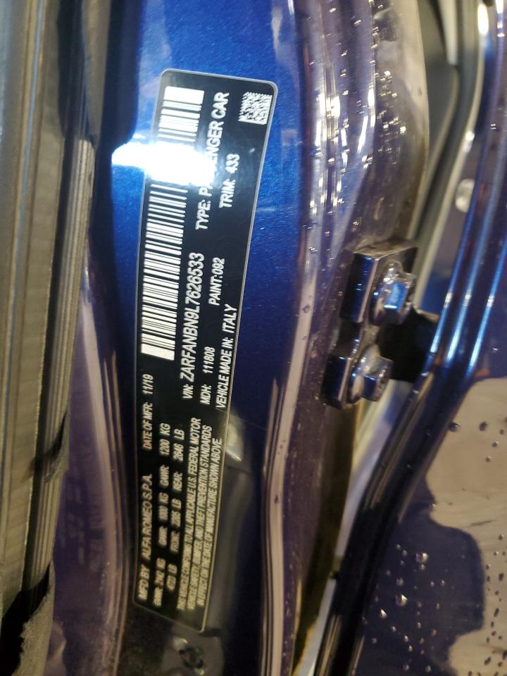 2020 Alfa Romeo Giulia VIN ZARFANBN9L7626533 Copart auction photo, front end / side damage thumbnail 12