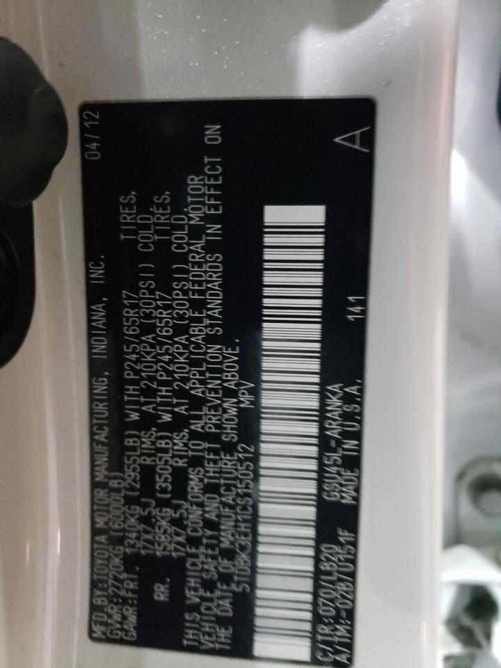 2012 Toyota Highlander VIN 5TDBK3EH1CS150512 Copart auction photo, front end damage thumbnail 14
