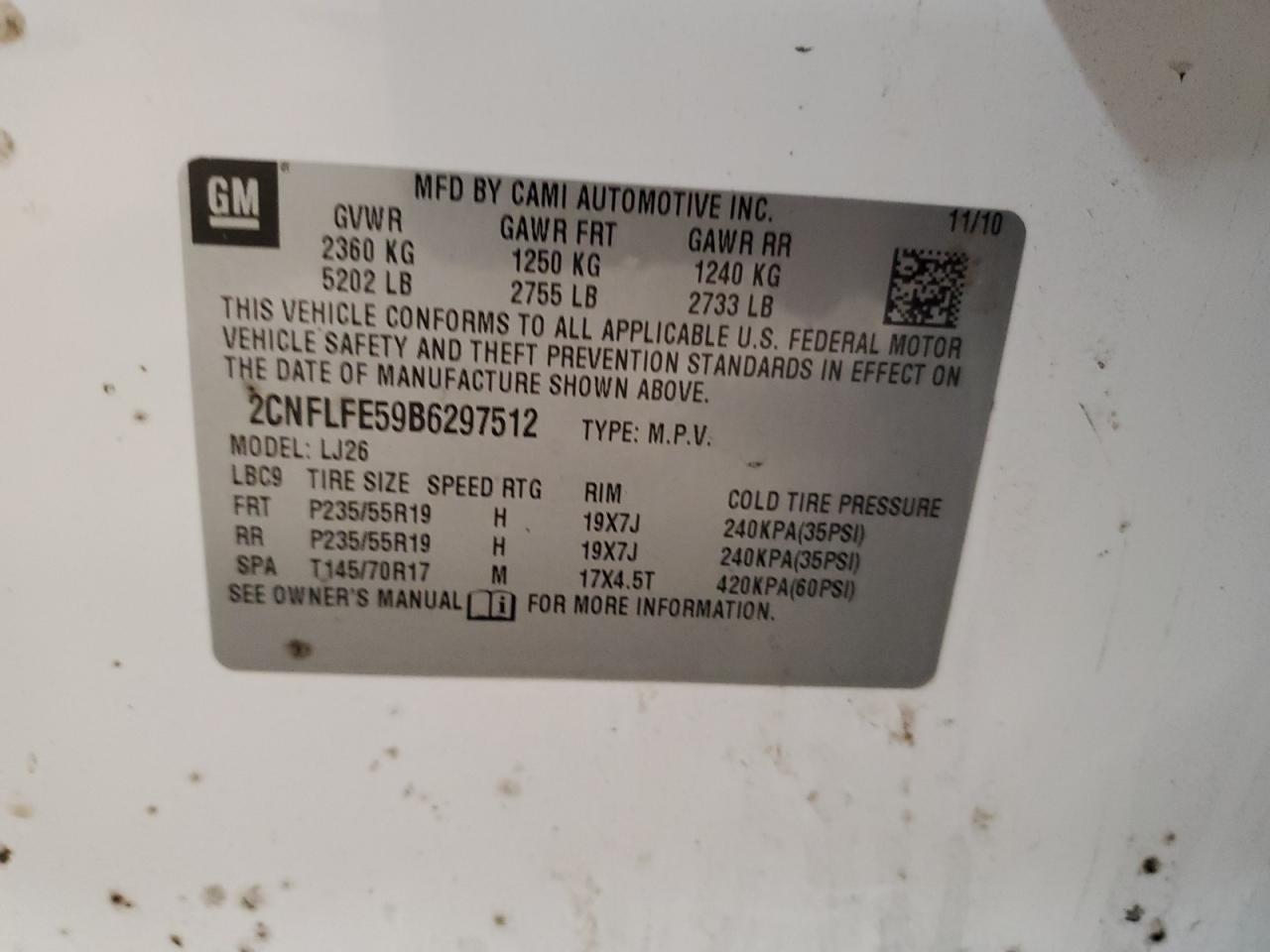 2011 Chevrolet Equinox VIN 2CNFLFE59B6297512 Copart auction photo, front end / undercarriage damage thumbnail 15