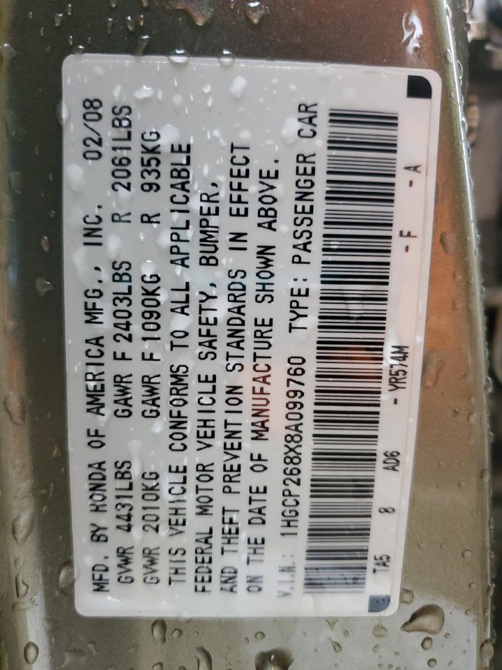 2008 Honda Accord VIN 1HGCP268X8A099760 Copart auction photo, front end / side damage thumbnail 14