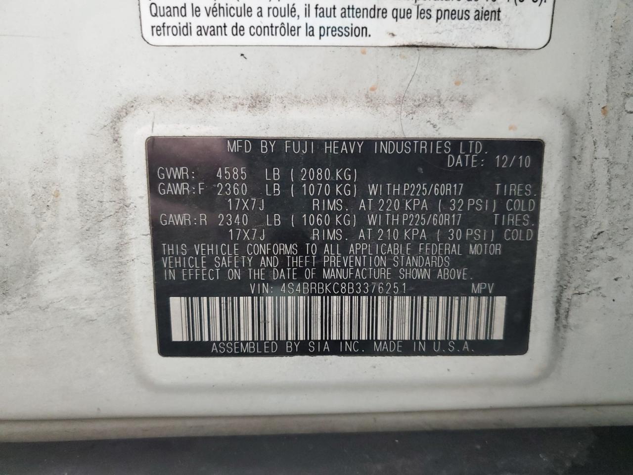 2011 Subaru Outback VIN 4S4BRBKC8B3376251 Copart auction photo, front end damage thumbnail 13