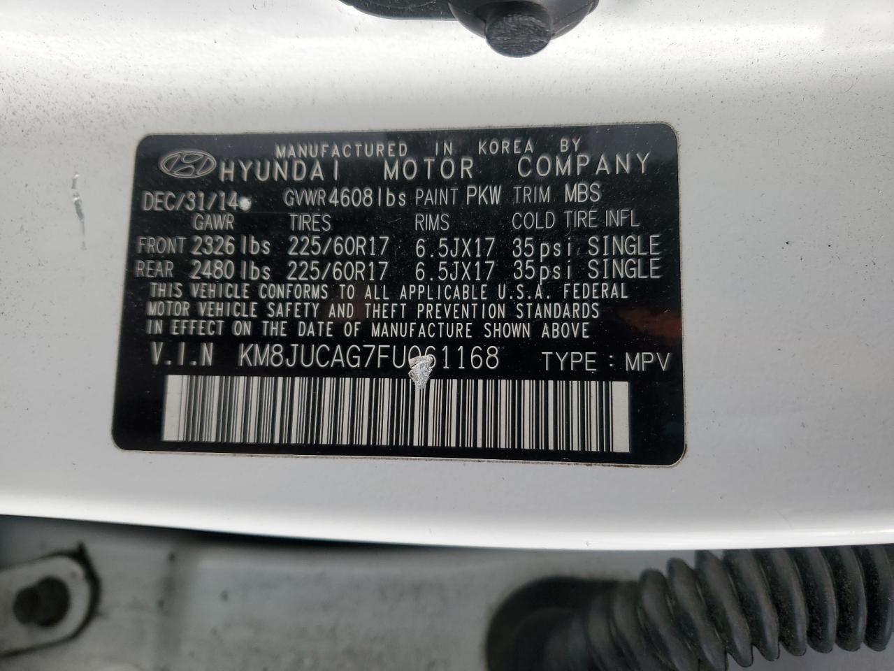 2015 Hyundai Tucson VIN KM8JUCAG7FU061168 Copart auction photo, undercarriage / minor dent/scratches damage thumbnail 13