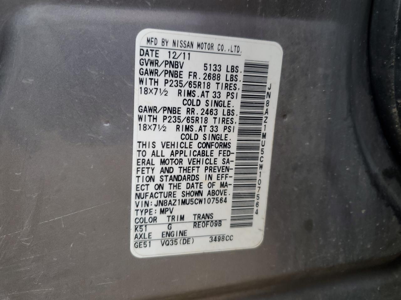 2012 Nissan Murano VIN JN8AZ1MU5CW107564 Copart auction photo, front end / rear end damage thumbnail 16