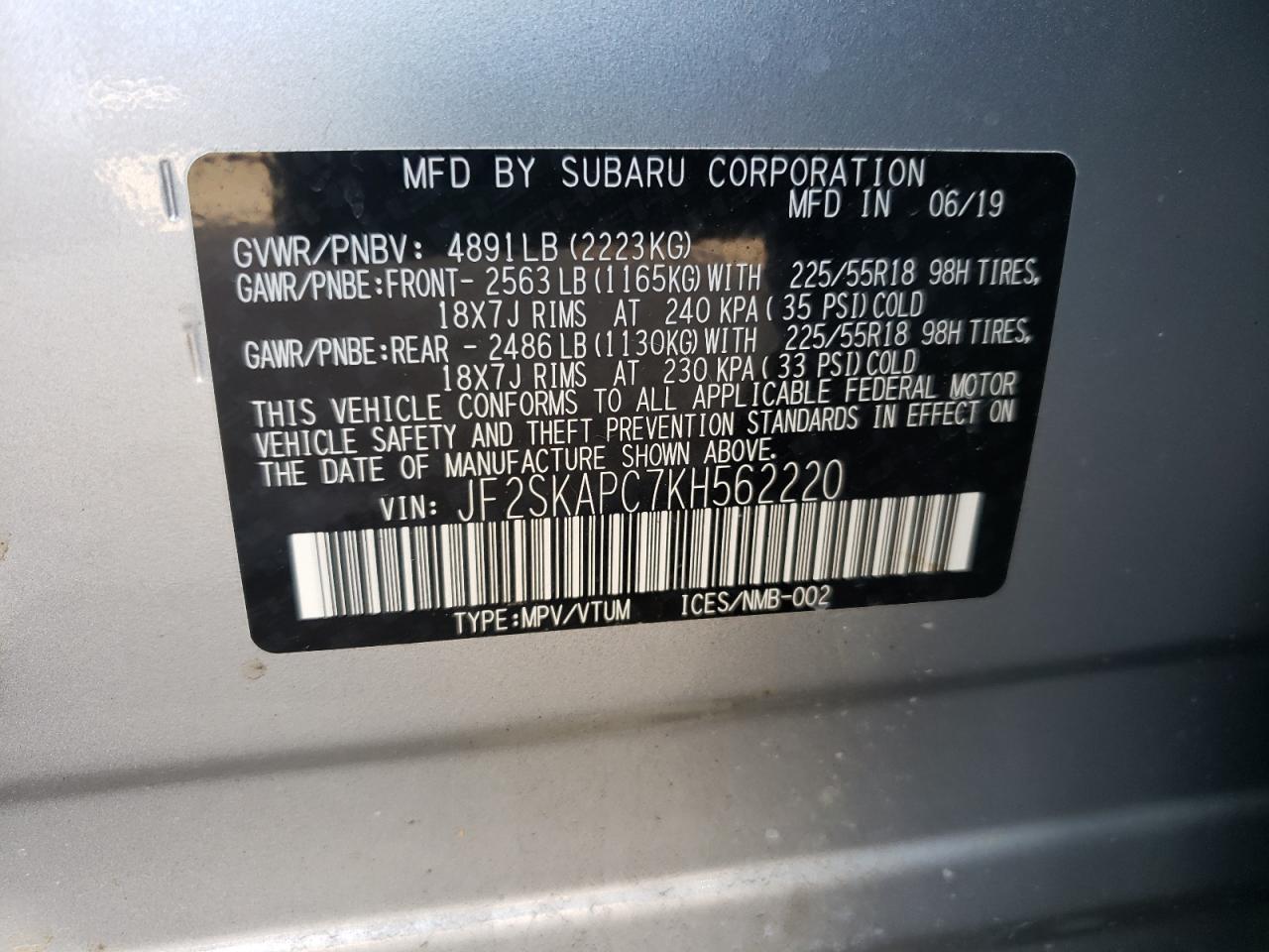 2019 Subaru Forester VIN JF2SKAPC7KH562220 Copart auction photo, rear end damage thumbnail 13