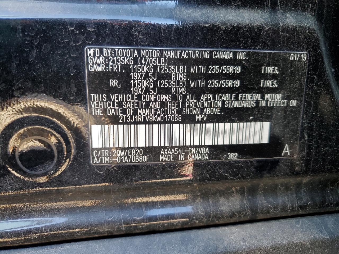 2019 Toyota RAV 4 VIN 2T3J1RFV8KW017068 Copart auction photo, front end damage thumbnail 16