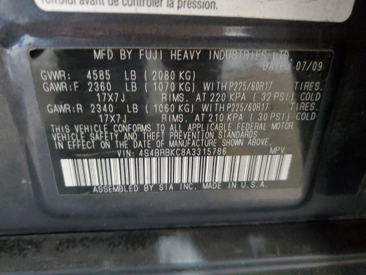 2010 Subaru Outback VIN 4S4BRBKC8A3315786 Copart auction photo, minor dent/scratches damage thumbnail 13