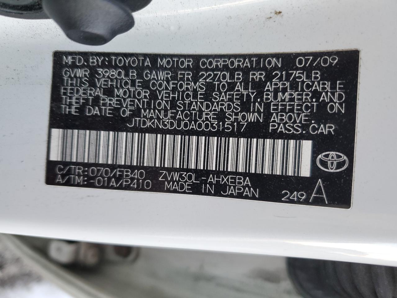 2010 Toyota Prius VIN JTDKN3DU0A0031517 Copart auction photo, front end damage thumbnail 12