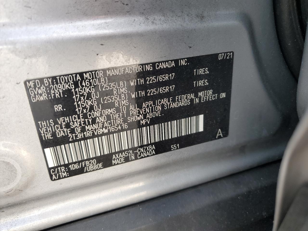 2021 Toyota RAV 4 VIN 2T3H1RFV8MW165416 Copart auction photo, all over damage thumbnail 13